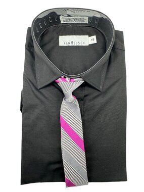 NWT Van Heusen Boys Dress Shirt Tie Set-Sz 16-Black Long Sleeve Clip Tie